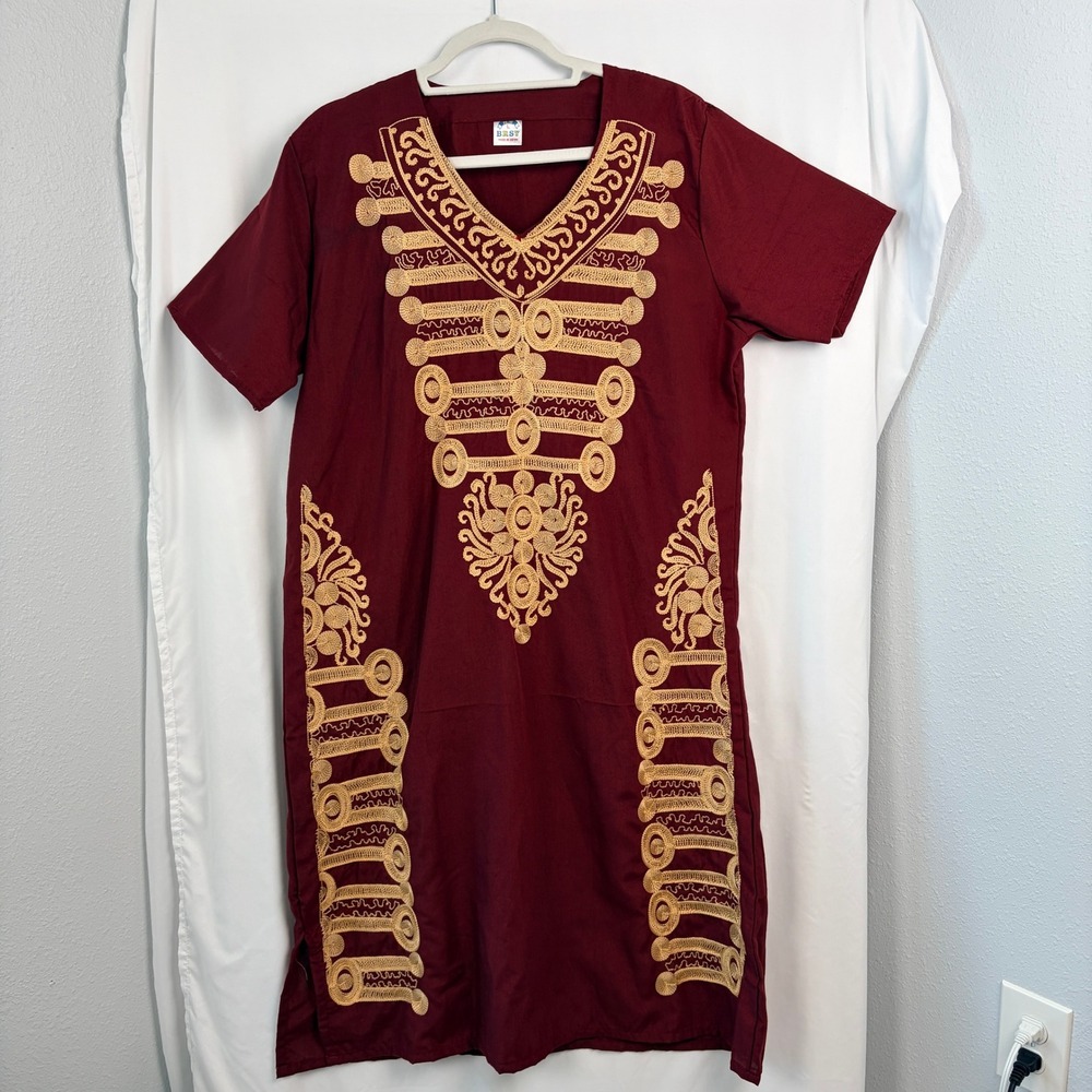 H.W. BRSY Kaftan Dress Large Burgundy with Gold Embroidery